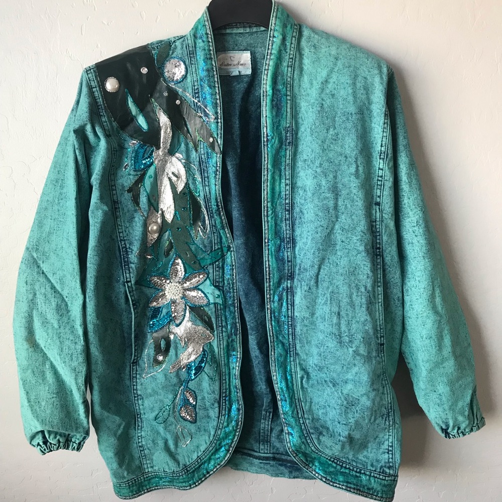 Vintage Oversized Teal Denim Jacket with Appliqué